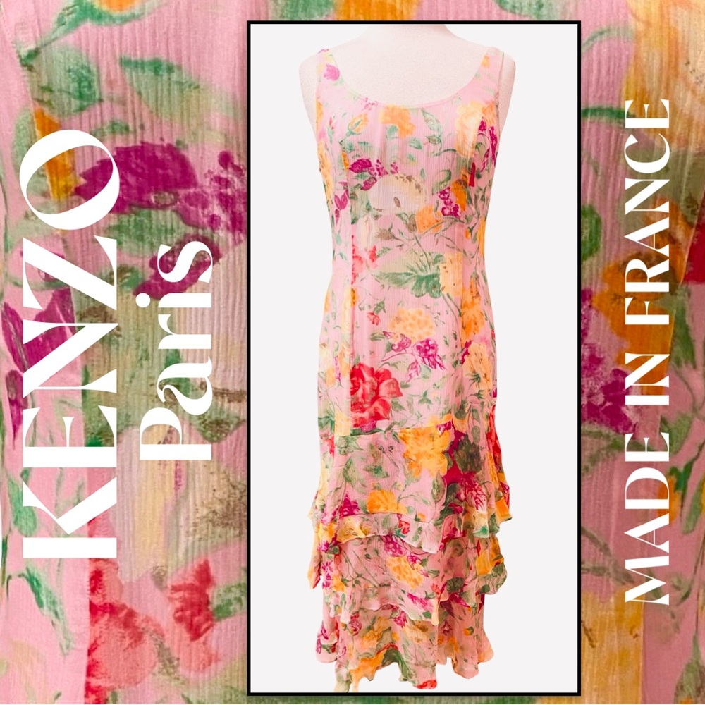 KENZO Paris France Pink Floral Silk Georgette Chiffon Ruffle Long Dress 40/8